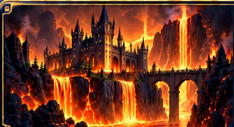 Fantasy world preview with castle, fire and lava