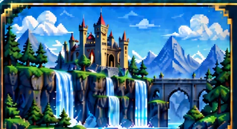 Retro pixel world preview with castle and waterfalls