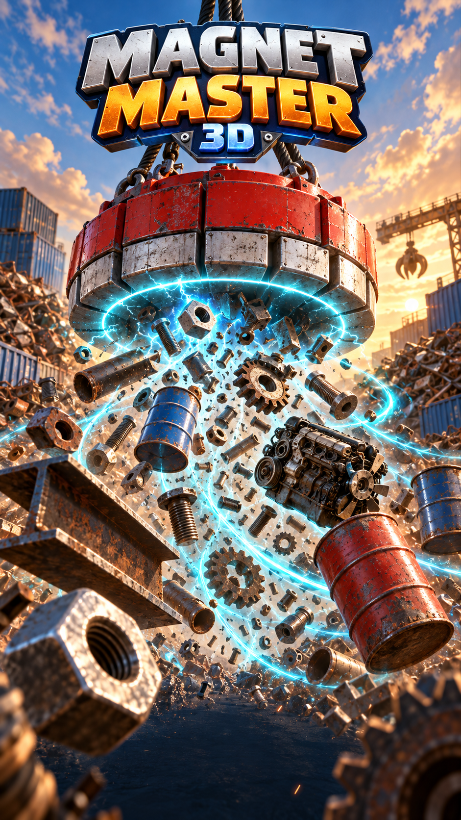 Magnet Master 3D. A giant red magnet pulling bolts, gears and barrels into a blue magnetic vortex.